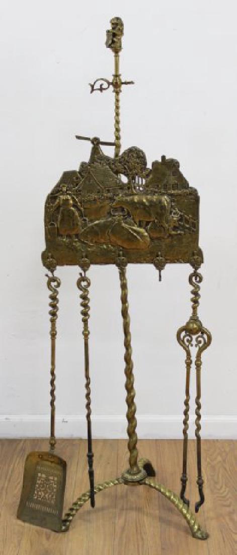 Victorian Figural Cast Brass Screen/Tool Stand: Approx. 53 1/4" H. Missing 2 tools. Windmill arm missing.