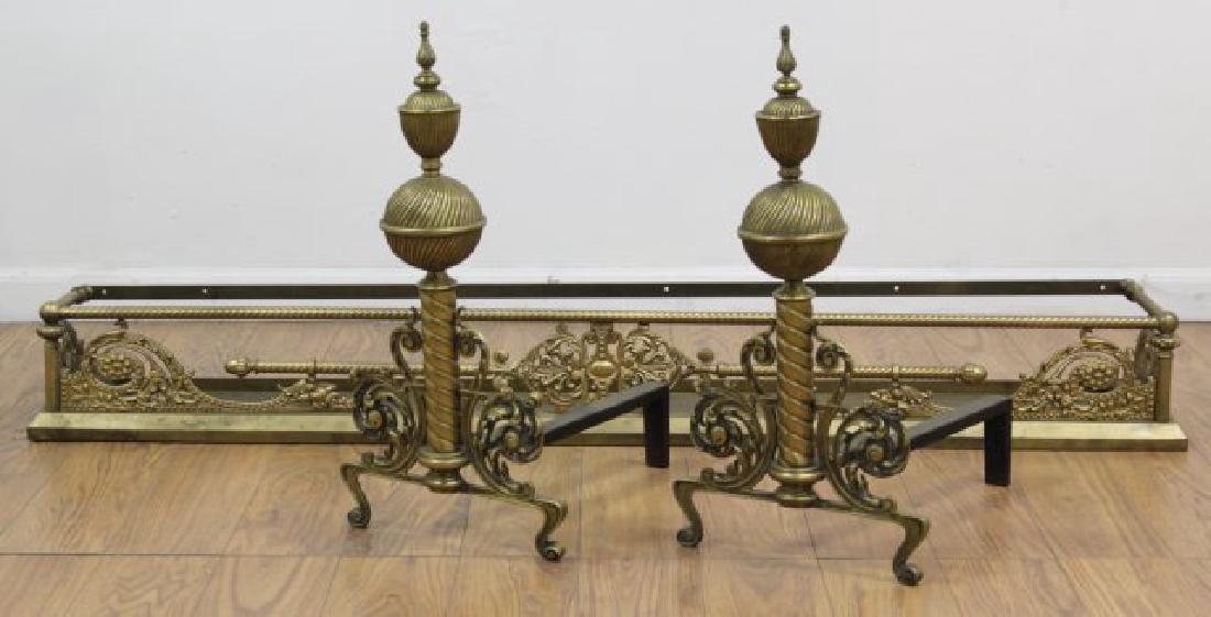 Pair Victorian Brass Andirons & Fire Fender (1 of 5)