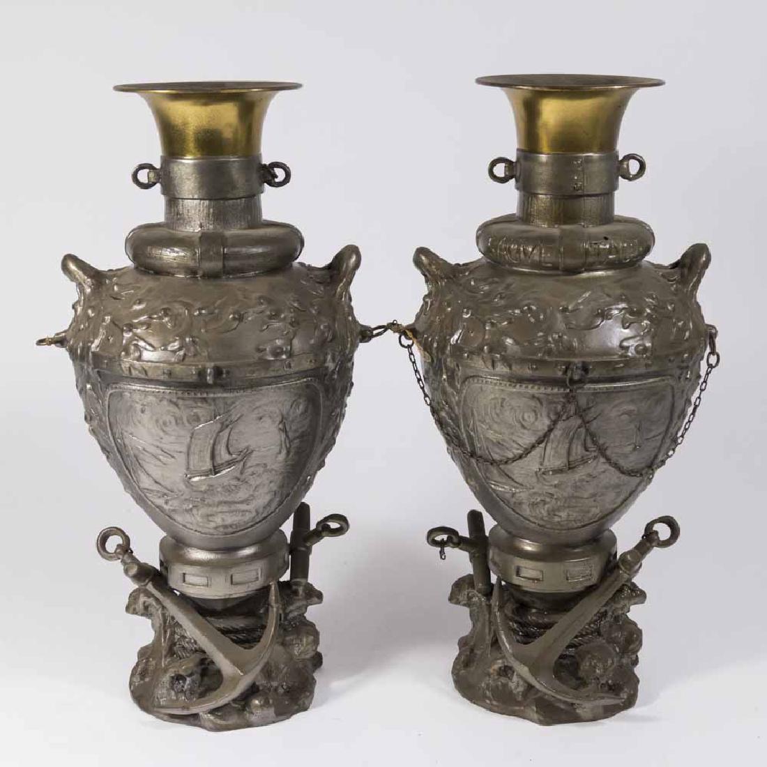 Pair Spelter Urns with Maritime Theme: Approx. 13 3/4" H.