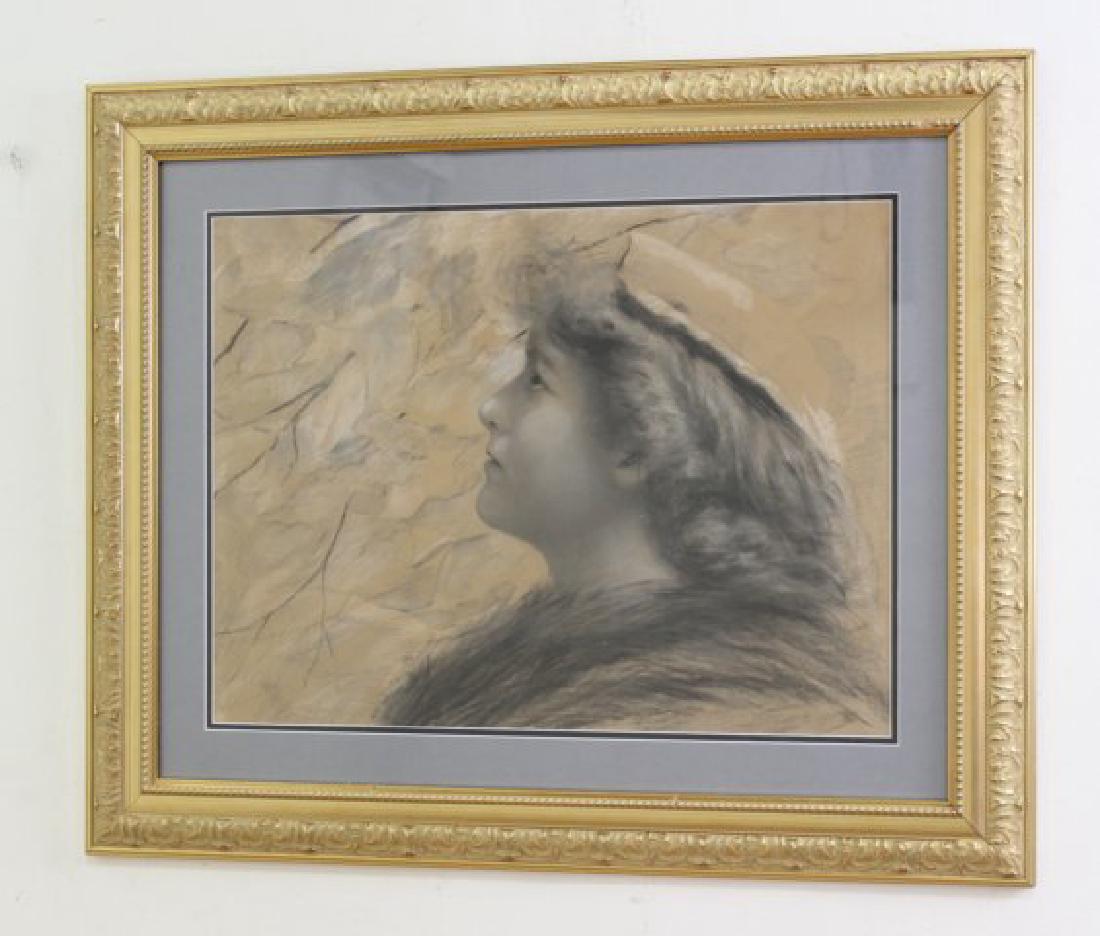 Young Lady: Work on paper, pencil and wash. Possibly early 20th century. Approx. 17 1/2" x 23 1/2" sight, 27" x 33" framed. Not taken out of frame. (6099)