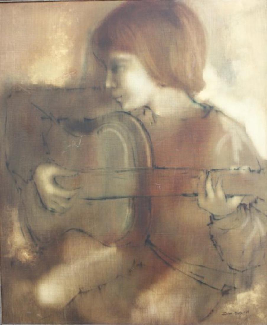 Zora Duvall, "The Guitarist": Oil on board. Signed and dated 1968 lower right. Titled rear. Zora Duvall (born 1927). Approx. 24" x 20" sight, 33" x 29" framed. (6099) Wear to liner.