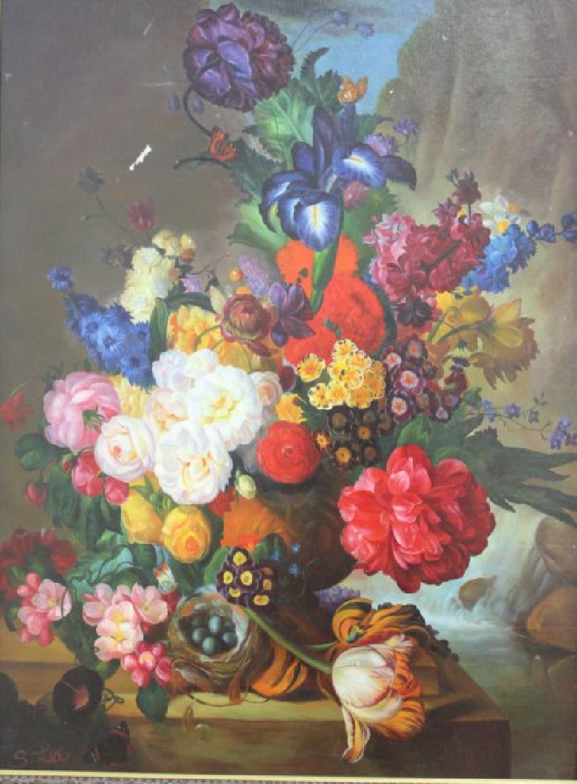 Still Life: Contemporary. Oil on canvas. Signed S. Lee. Approx. 40" x 30" unframed, 45" x 35" framed. (6181) Damage to surface.