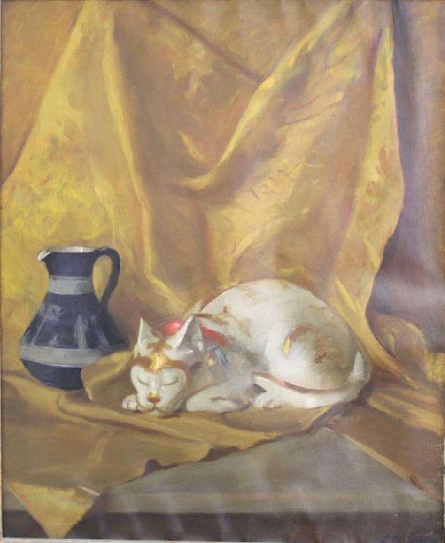 L.M. Graham, Still Life with Cat: Oil on canvas. Signed lower right. Approx. 31" x 25" unframed, 35" x 29" framed. Loose on stretcher.