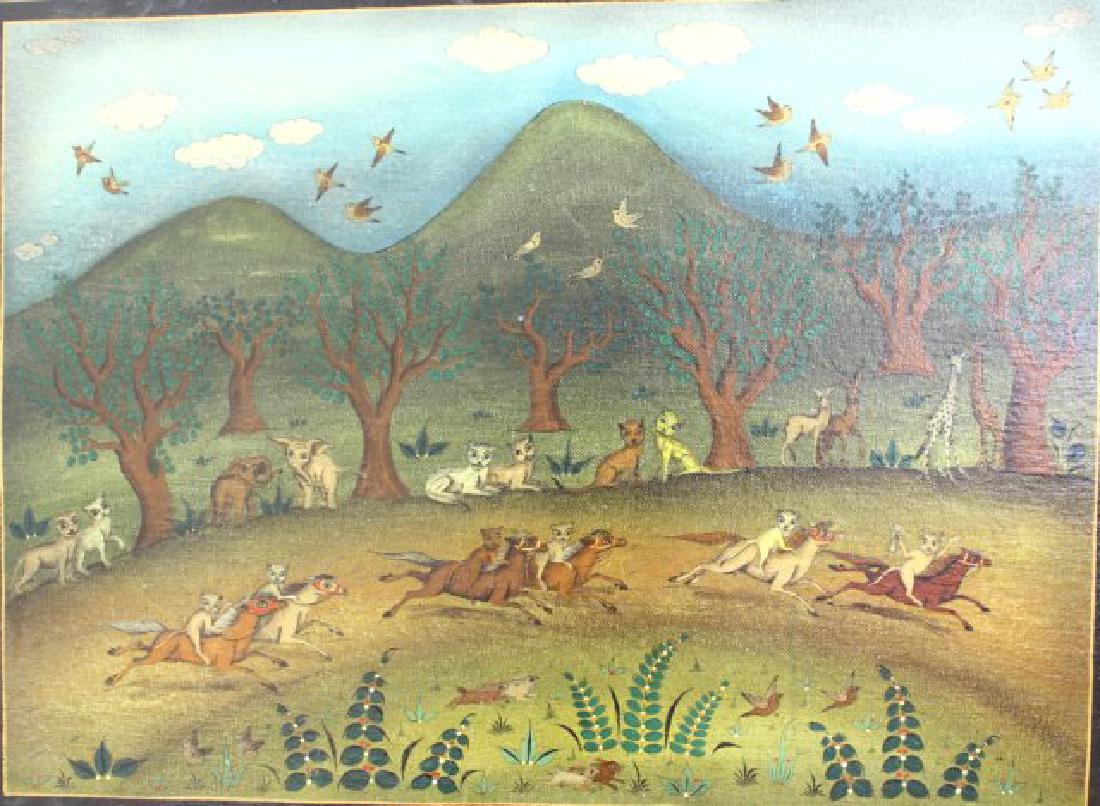 Vicente Martinez, Cats on Horseback: Modern. Oil on canvas laid on board. Signed lower right. Approx. 29" x 39" framed.