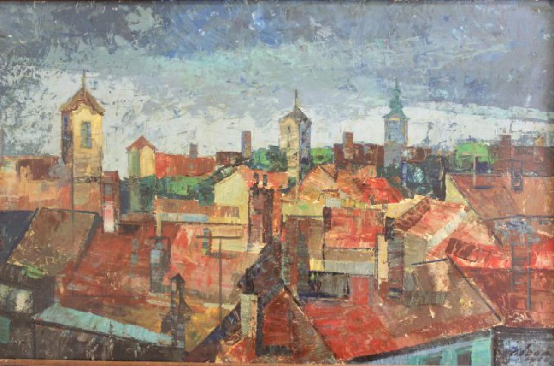 Hungarian Cityscape: Oil on board. Signed illegibly and paper label rear. Approx. 16" x 25 1/2" unframed, 17" x 26 1/2" framed. (6196)