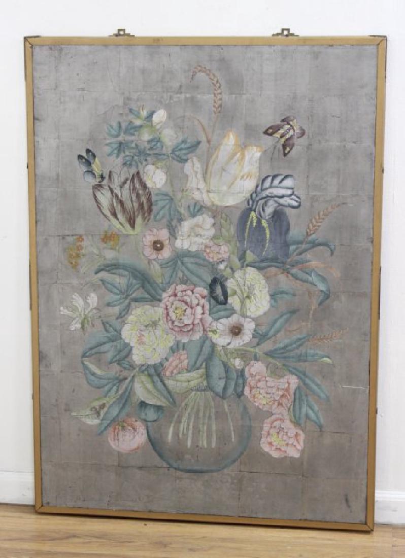 Painted Floral Panel with Butterflies: Patch silver background. Approx. 46" x 33" framed. Wear to surface.