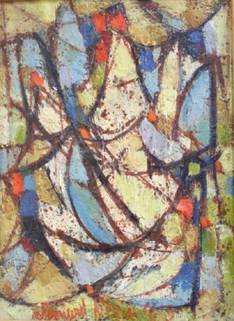 Abstract "Pollo II": Oil on canvas. Signed L.L. Leonard Nazin, dated 1963. 10" x 14" image, 15: x 11 1/4" framed