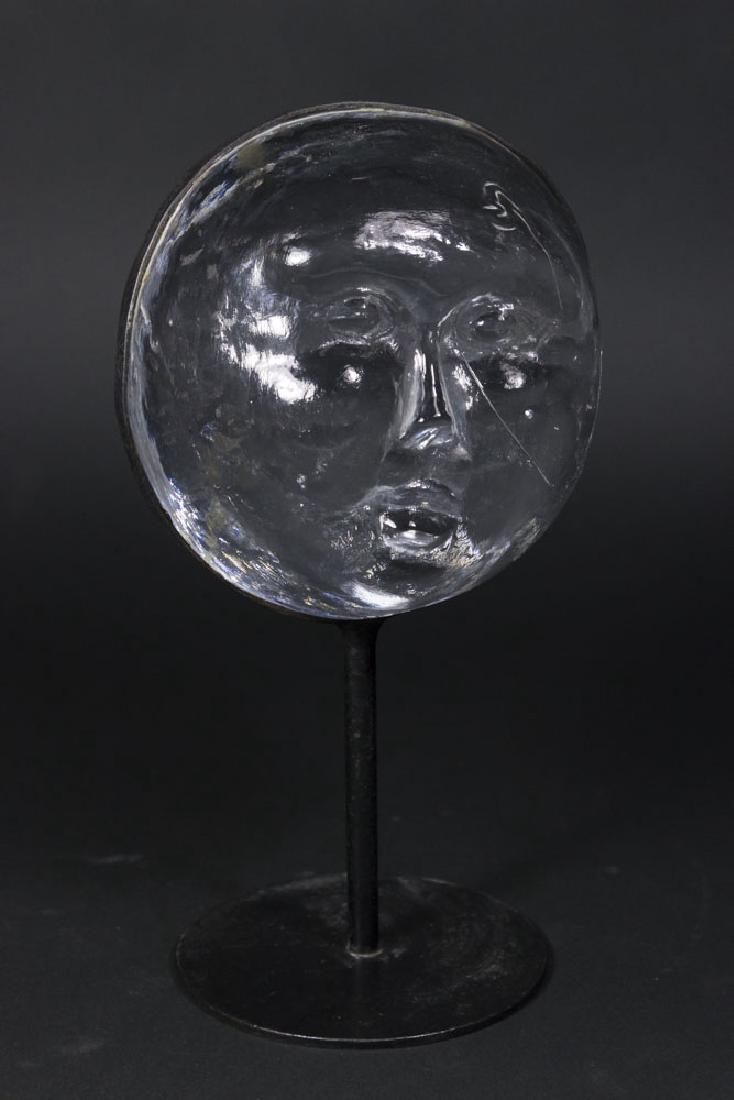 Boda Glass Moon Face: Mounted on metal stand. Approx. 11" H.