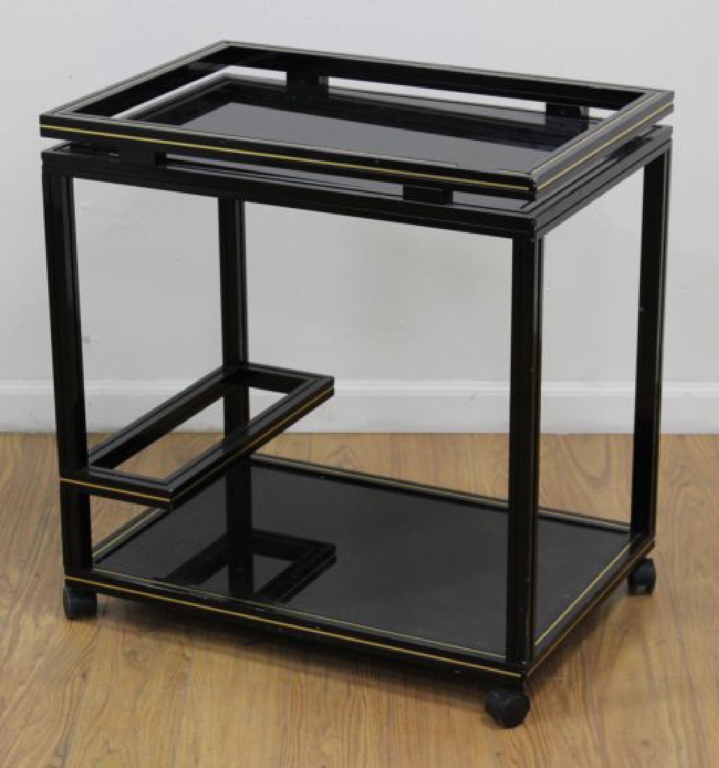 70s Black Painted Metal Cart: By Pierre Vandel Paris. Property from the Erno Laszlo Institute, West Broadway, NYC. (6191) Missing 1 glass shelf.