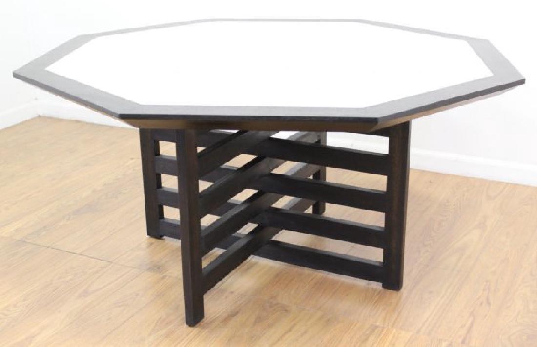 Harvey Probber Breakfast Table: Ebonized and travertine. Circa 1960. Approx. 26" H x 50" W.