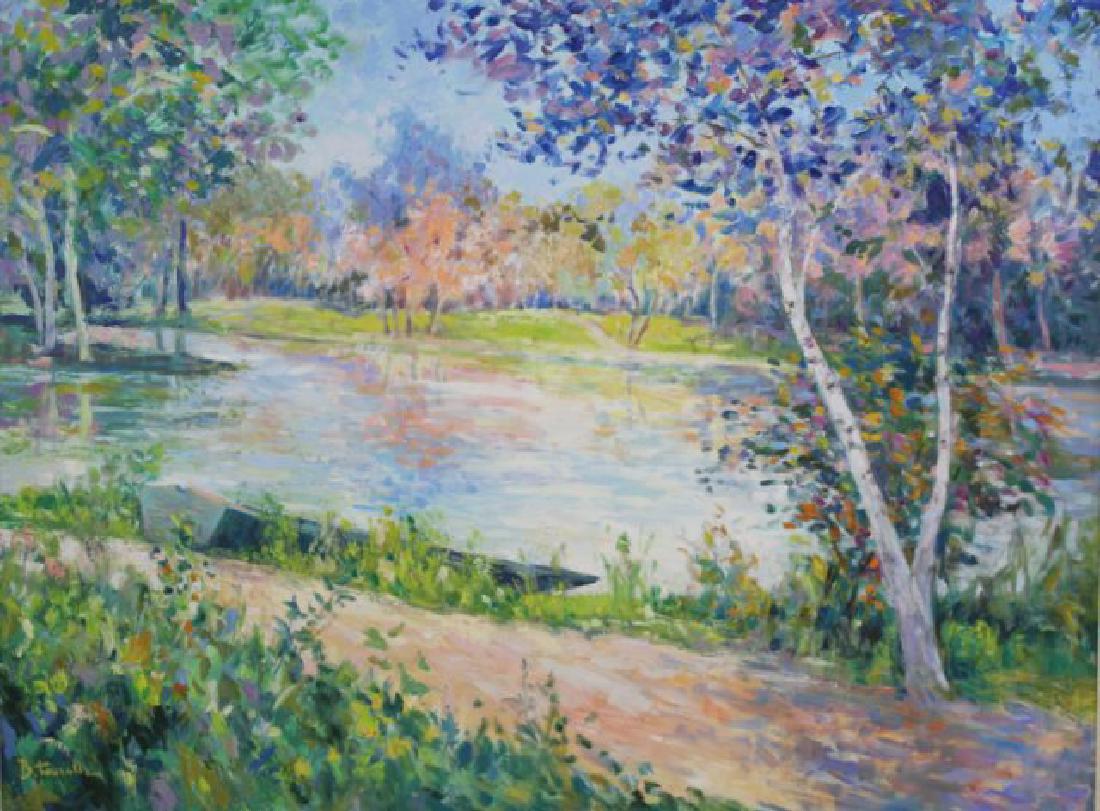 Bernard Tourelle, "Barque Sur La Berge": Oil on canvas. Signed lower left. Titled and dated 1981 rear. Bernard Tourelle (born 1931). Approx. 38" x 51" without frame, 44" x 57" with frame. (6181)