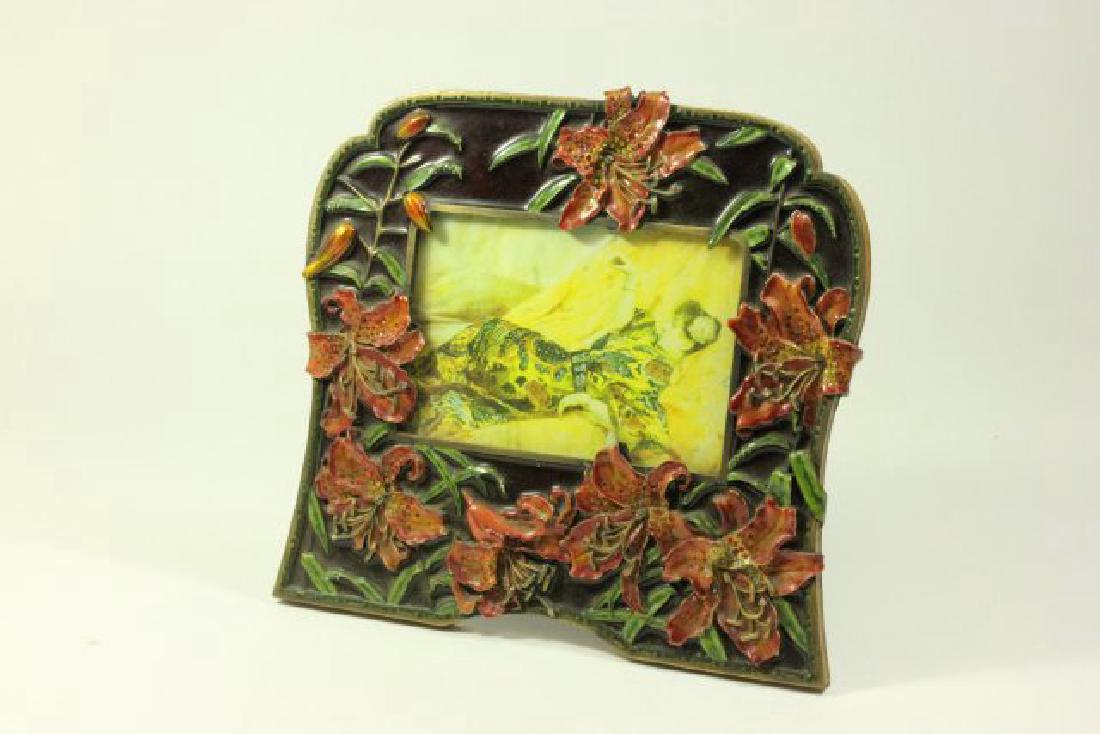 Jay Strongwater Carved Lillies Frame: Total size approx. 9" x 9 1/2". Fits picture 3 3/4" x 5 5/8".