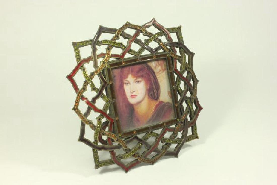 Jay Strongwater Enamel & Jeweled Open Weave Frame: Total size approx. 8 1/2" x 8 1/2". Fits picture 3 3/4" square.