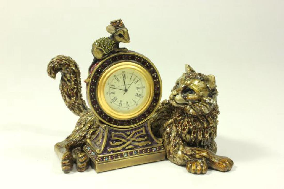 Jay Strongwater Reclining Cat & Mouse Clock: Approx. 4" x 4 1/4".