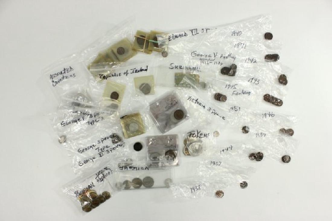Lot of Foreign Coins: Including British farthings 1912-1951, British half pennies 1890-1945, British pennies, British 3 pence, British sixpence, British one shillings, British two shillings, British half crown, British one