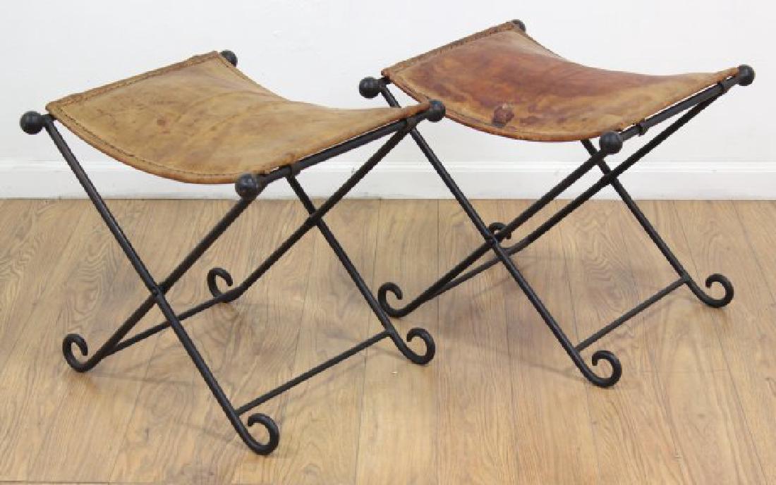 Pair Wrought Iron & Leather Folding Benches (1 of 5)