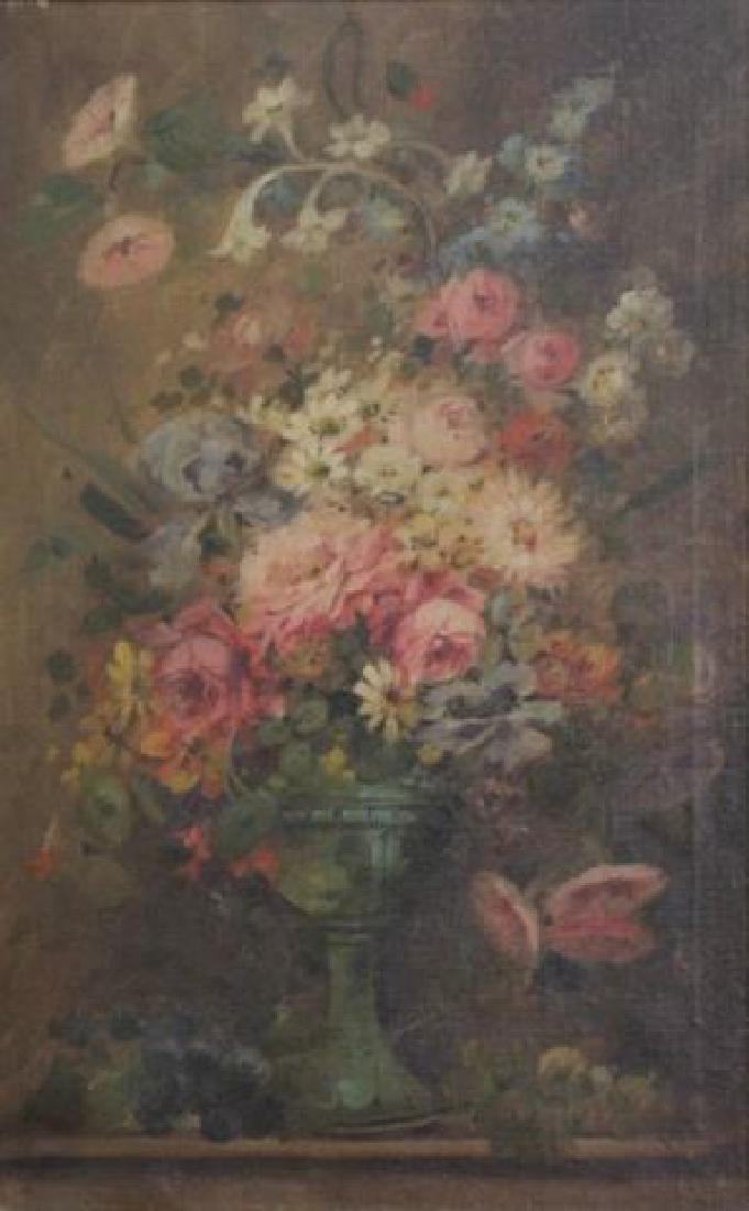 :Floral Still Life: Oil on canvas. Signed illegibly. Approx. 21" x 13" unframed, 27" x 19" framed.