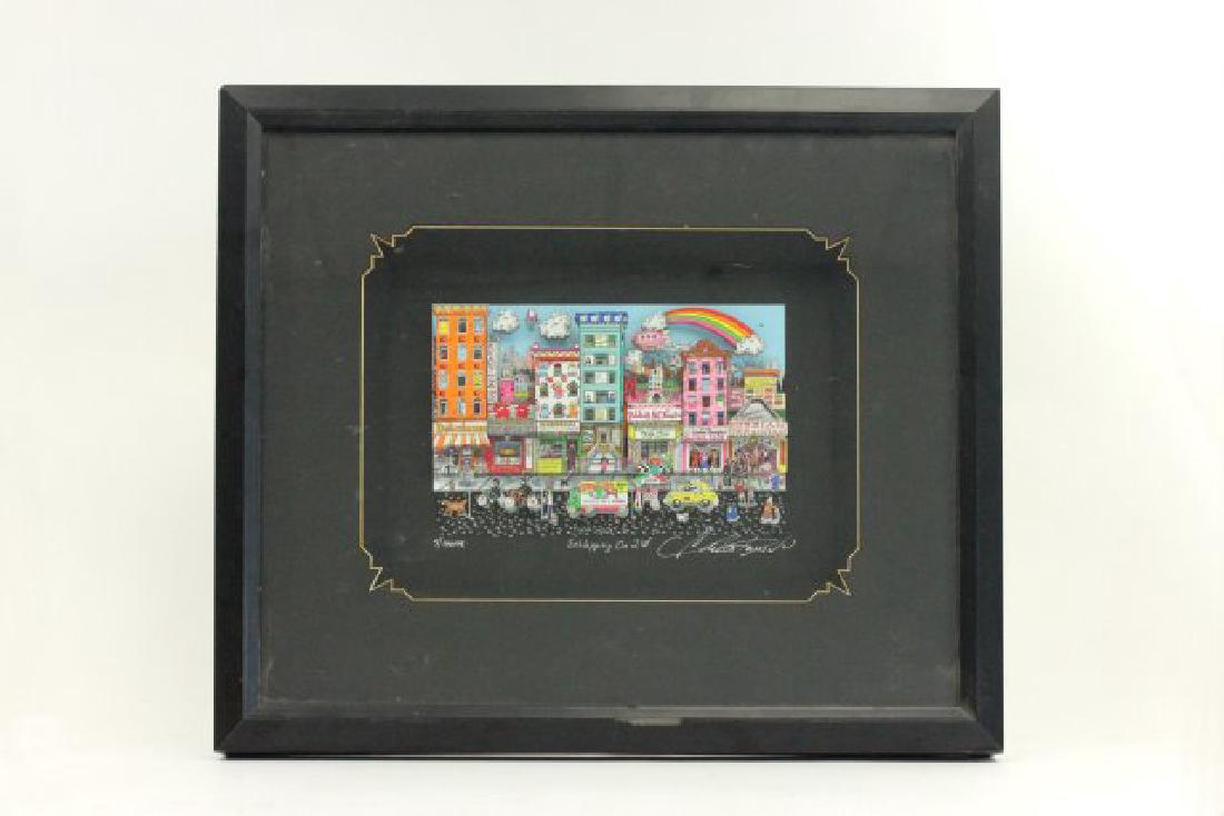 Charles Fazzino, "Schlepping on 2nd": Drawing and signature on rear. Signed and numbered 5/102. Approx. 10" x 13" sight, 17" x 21" framed.