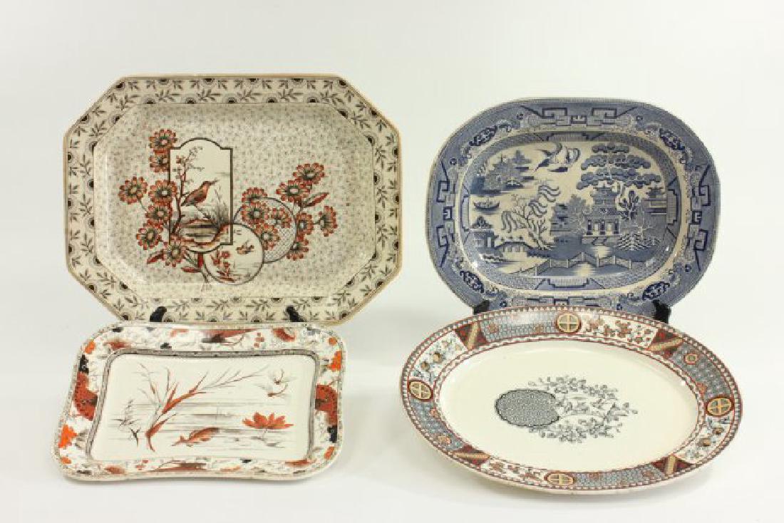 4 English Platters, Including Blue Willow Platter: Largest stamped Devonshire approx. 8 1/2" x 13".