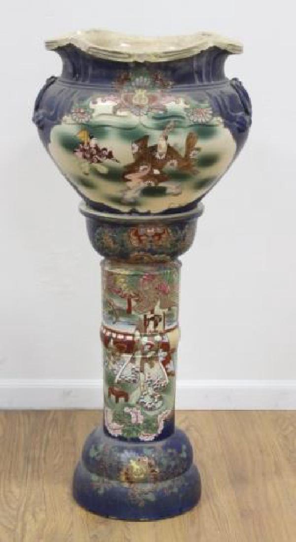 :Japanese Pottery Jardiniere & Pedestal: Jardiniere approx. 14 1/2" H x 16 1/2" W. Pedestal approx. 27" H. Chips.