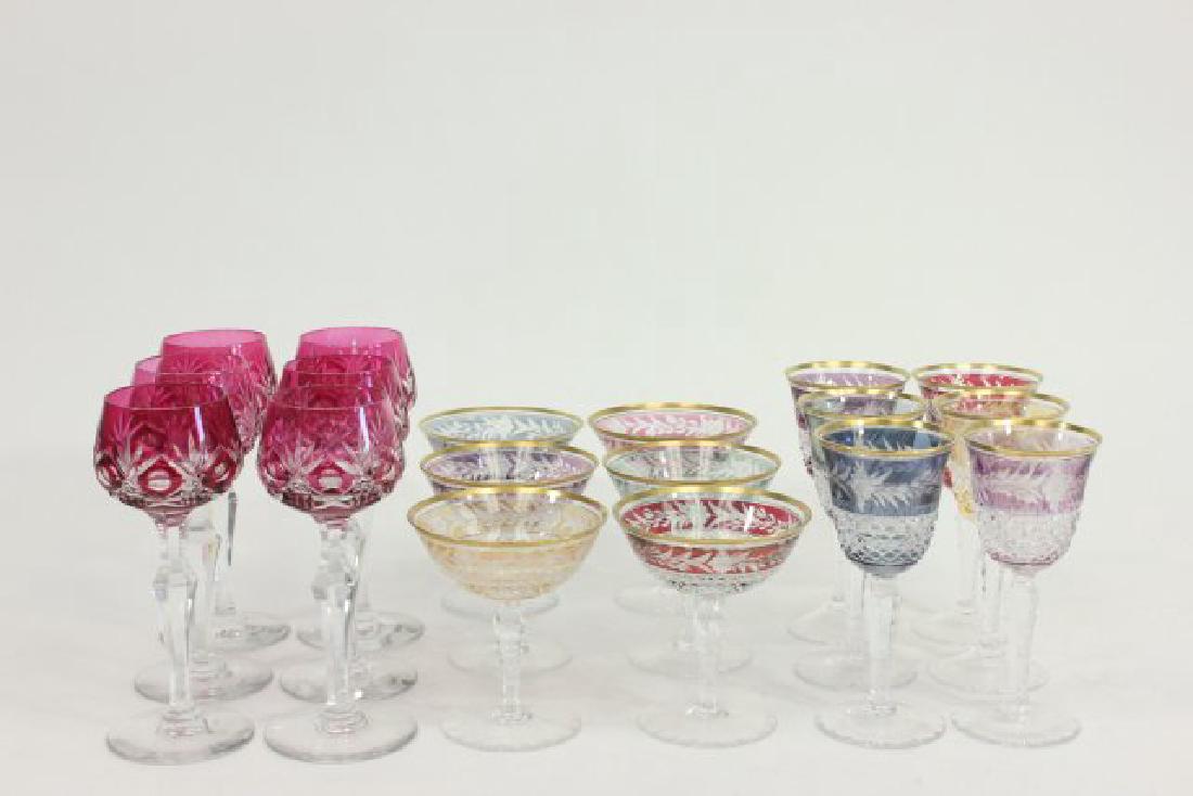 Lot of 18 Bohemian Cut to Clear Multicolor Glasses: Including 6-6 1/4", 6-7 1/4", and 6-4 1/2". (6087)