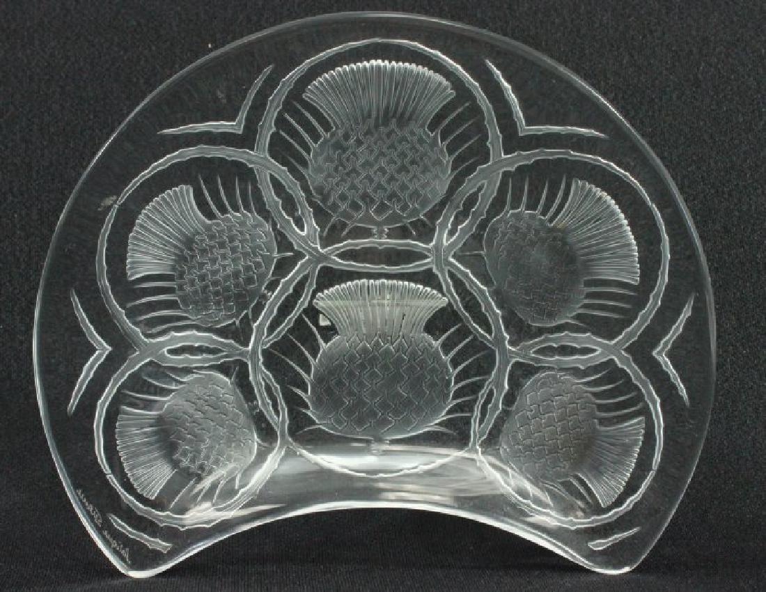 Lalique Thistle Pattern Tray: Fan-shaped. Etched in script Lalique, France. Approx. 6 1/2" x 8".