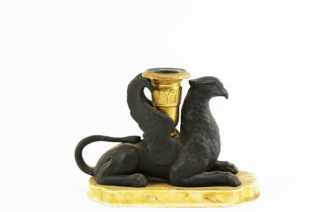 Pair Mottahedeh Griffon Candlesticks: Pair Mottahedeh Griffon Candlesticks.Approx. 4 3/4" high, 6 1/2" long, 3 1/4" wide.