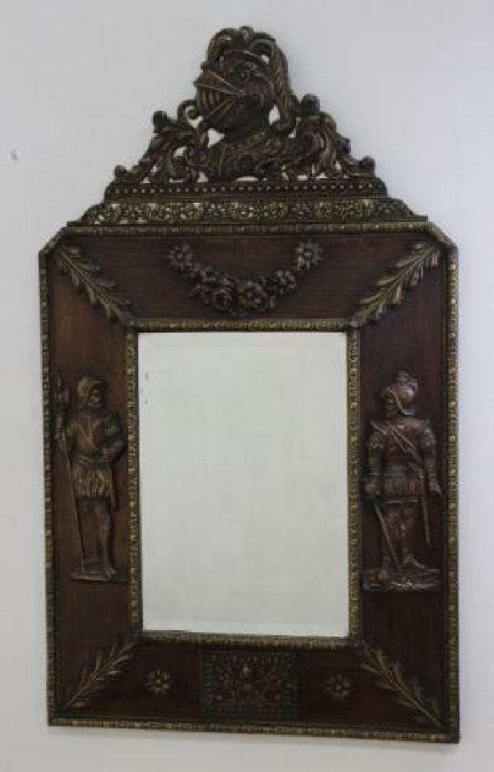 :Brass-Clad Mirror with Military Motif: Circa 1920s. Bevelled mirror. Approx. 54" H x 33" W.