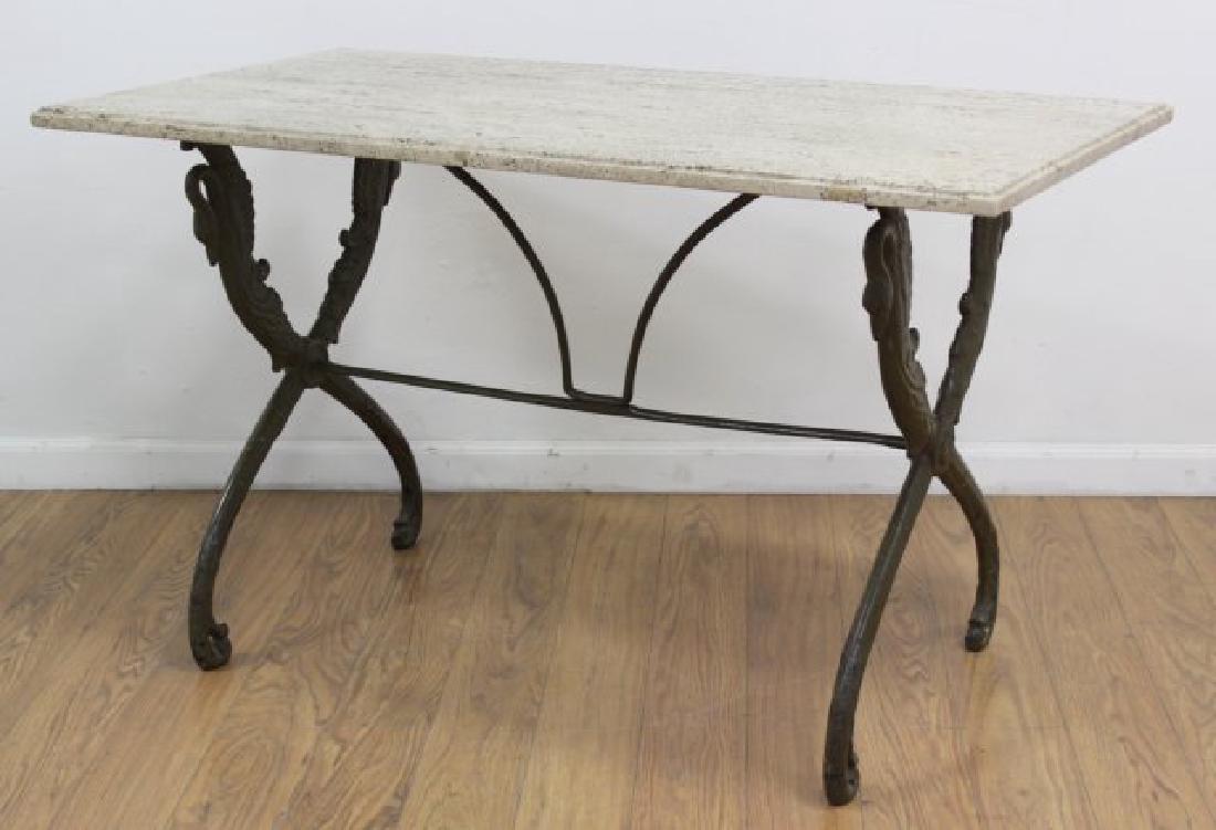 Travertine Top Table with Swan Metal Legs: Approx. 28" H x 47" L x 24" W.