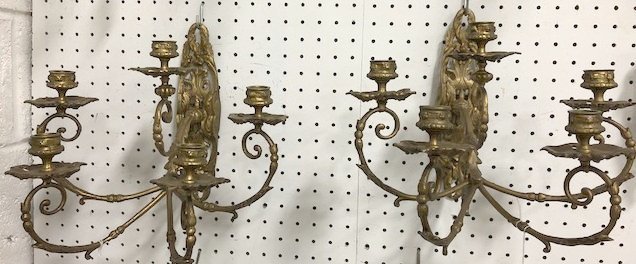 Pair 5-Arm Gilt Bronze Sconces: Not electrified. Approx. 11" H x 12" W x 12" D. From the liquidation of Barnette Shure Antiques in Valley Stream, NY.