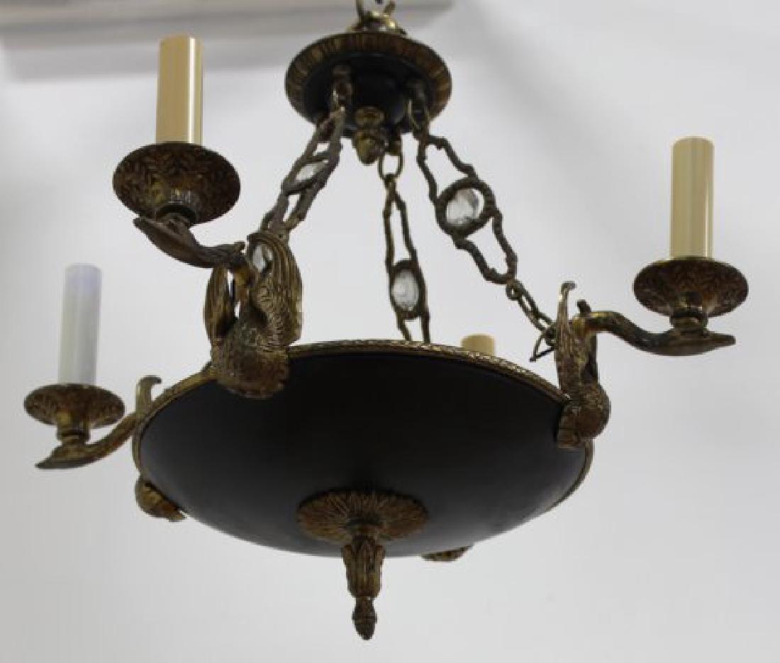 Empire Style Chandelier with Gilt Metal Swan Arms: Approx. 16" H x 16" W. From the liquidation of Barnette Shure Antiques in Valley Stream, NY.