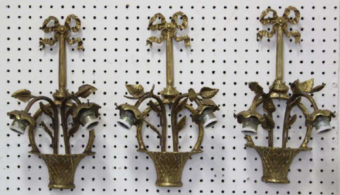 Set 3 Bronze Basket 2-Light Sconces: Approx. 17" H. From the liquidation of Barnette Shure Antiques in Valley Stream, NY.