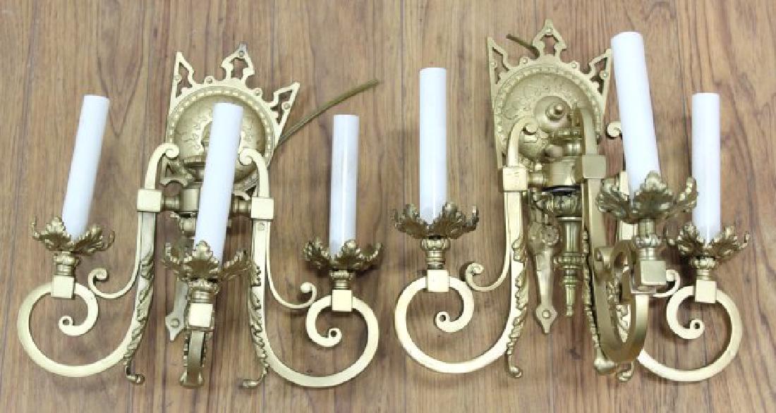 Pair Gilt Brass Gothic Style 3-Arm Sconces (1 of 4)