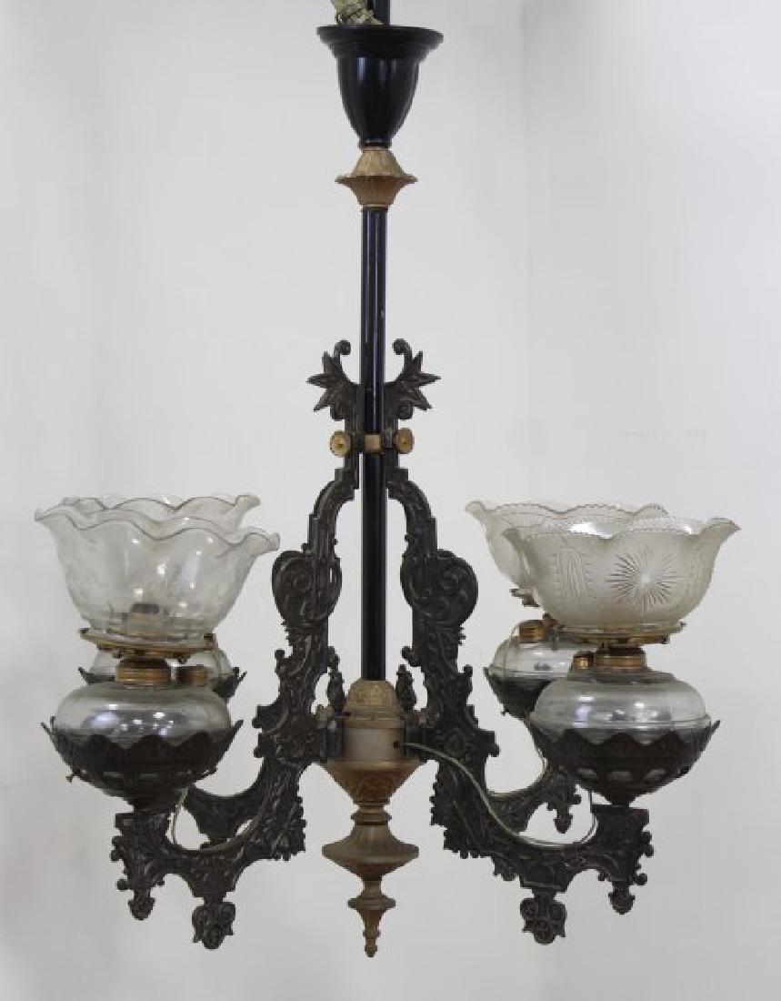 Arts & Crafts 4-Light Brass & Bronze Chandelier: Approx. 42" H x 30" W. From the liquidation of Barnette Shure Antiques in Valley Stream, NY.