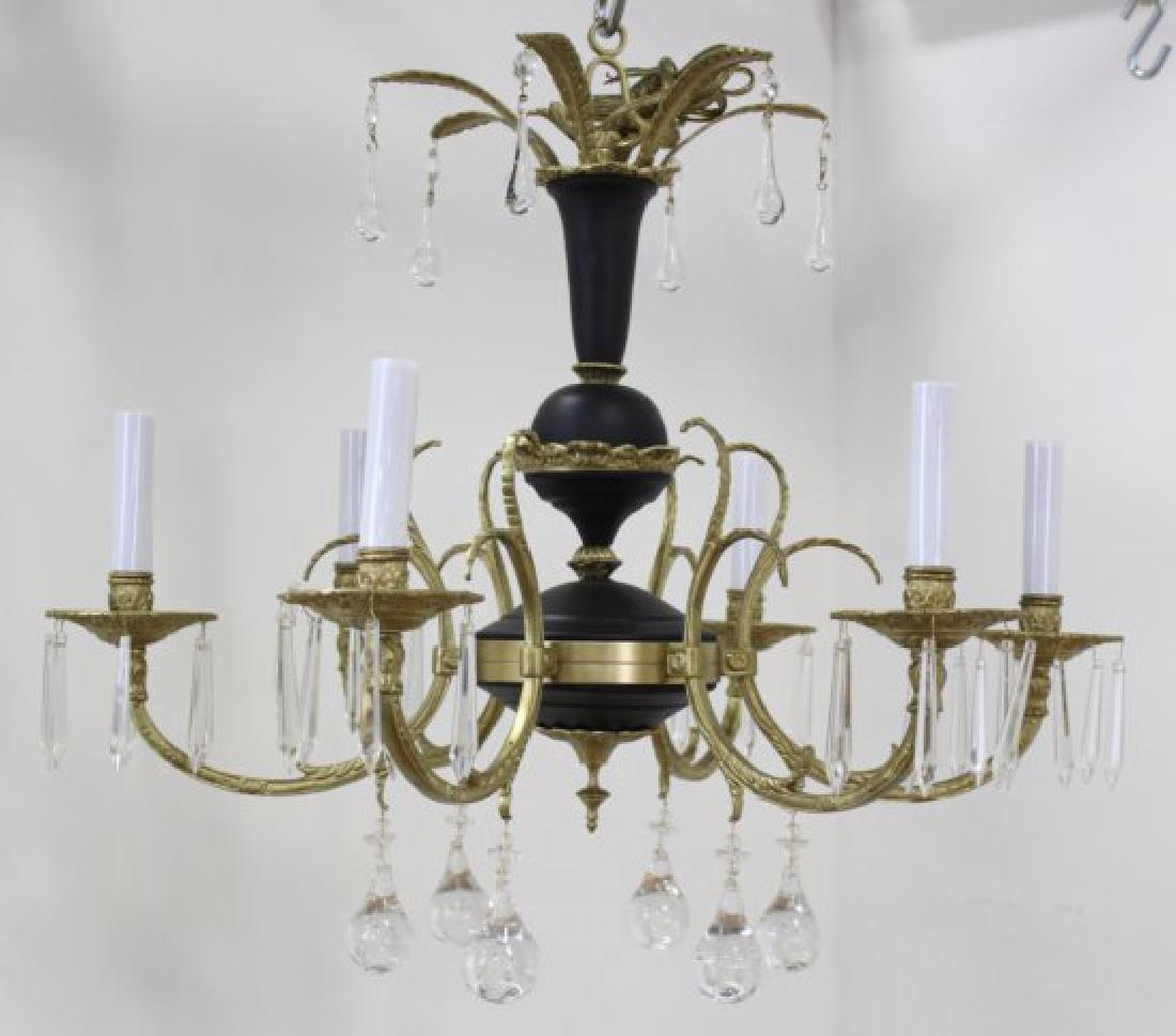 Neoclassic Style 6-Light Chandelier: Gilt and black painted metal. Pear-shaped drops. Approx. 20" H x 25" W. From the liquidation of Barnette Shure Antiques in Valley Stream, NY.