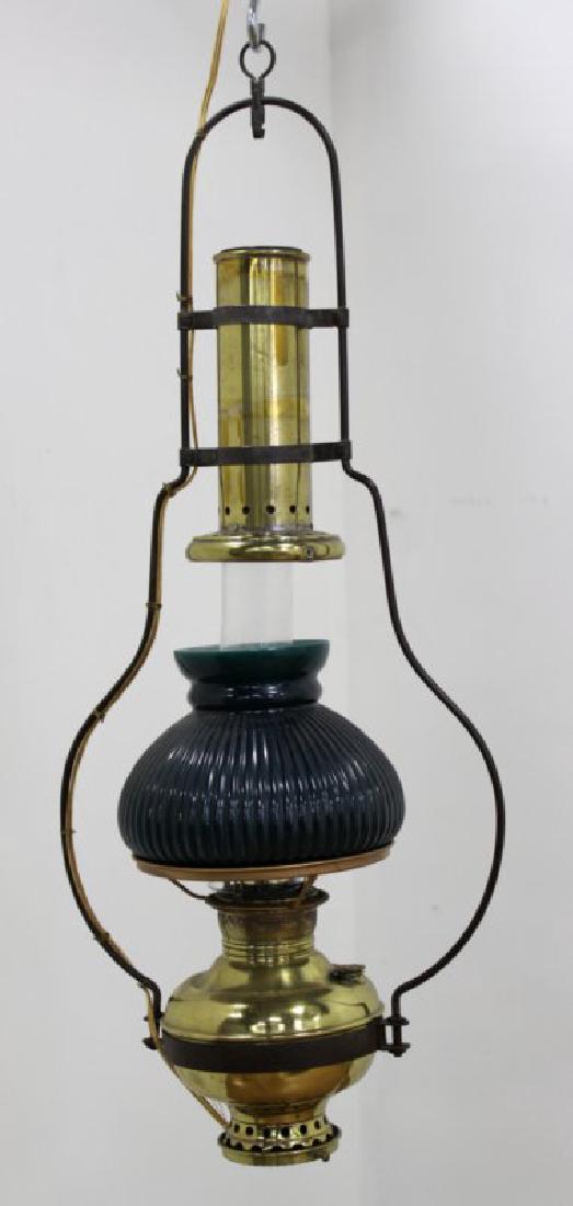 Hanging Oil Lamp: Approx. 28" high by 18" wide. Fitted for electricity.