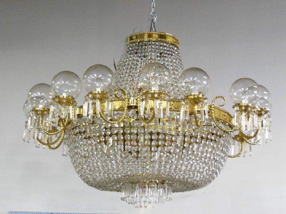 :Chandelier with Crystal Basket & Round Bowls: With 16 lights. Approx. 40" H x 48" diameter.