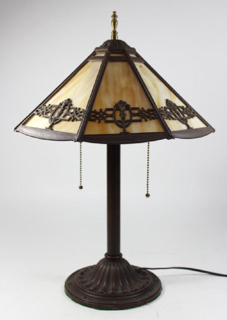 Slag Glass 8-Panel Lamp: Approx. 20" H x 13" diameter shade. (6202) Good condition. Finial replaced.