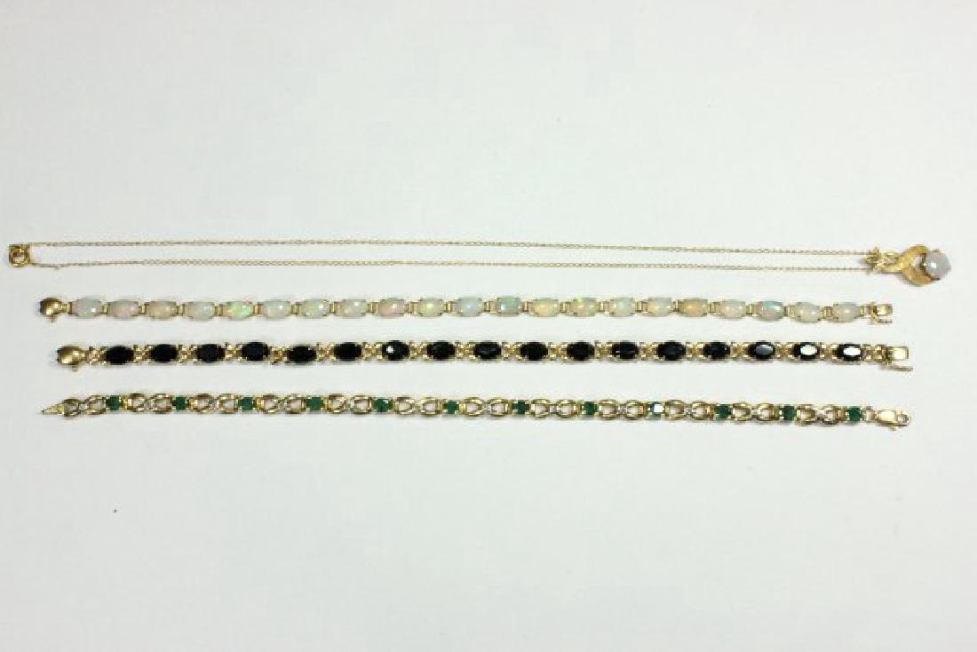 3-14K Yellow Gold Bracelets & Necklace: 1 with opals, emerald, and necklace with opal. Approx. 12.1 dwt with stones. (6202)