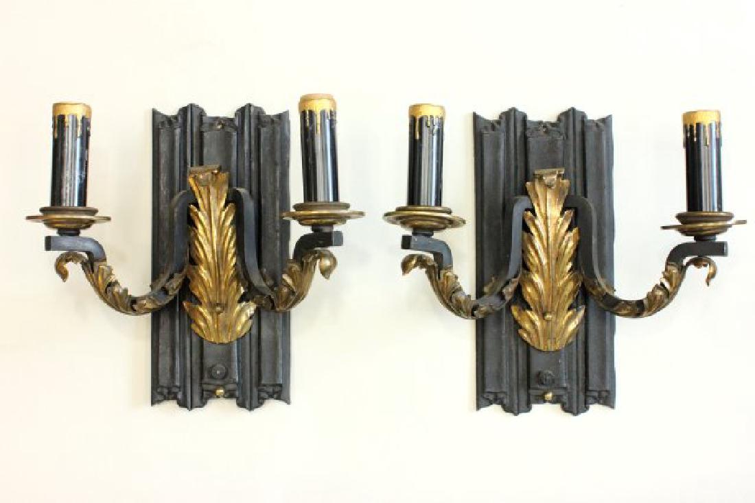 Pair 2-Arm Sconces with Brass Leaf Design Applique: Approx. 12" H x 13".