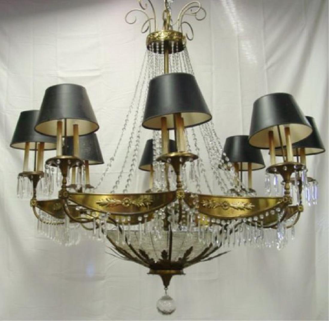 Crystal Palace-Size Chandelier: With 8 arms with 3 lights each & interior lights inside basket. Approx. 60" H x 56" W.