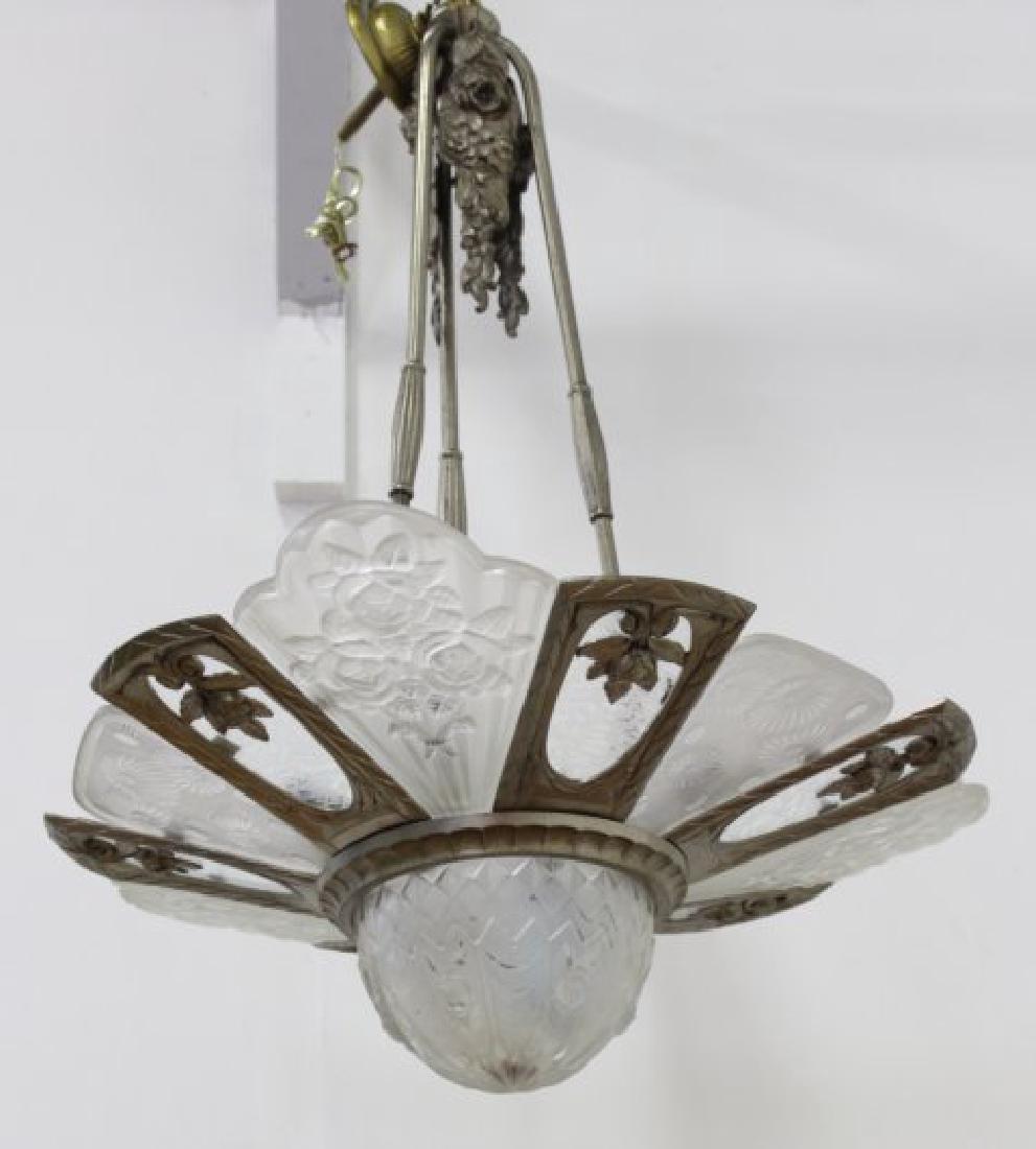 French Art Deco 6-Light Chandelier: Designer signed Gilles - Paris. Frosted glass. Silver bronze. French wiring. Approx. 37" H x 25 1/2" W. From the liquidation of Barnette Shure Antiques in Valley Stream, NY.