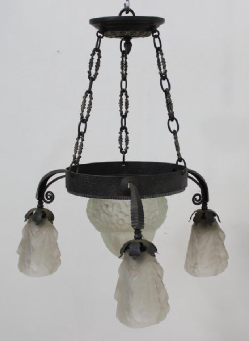 Art Deco Metal 3-Light Chandelier: With frosted molded glass. Approx. 20" H x 20" W. From the liquidation of Barnette Shure Antiques in Valley Stream, NY.
