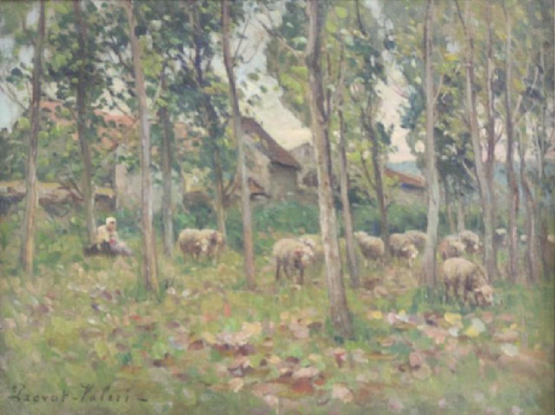 André Prevot-Valeri, Rural Landscape: Rural landscape with shepherdess with flock. Oil on board. Signed lower left. Approx. 10 1/2" x 13 1/2" unframed, 17" x 20" framed.