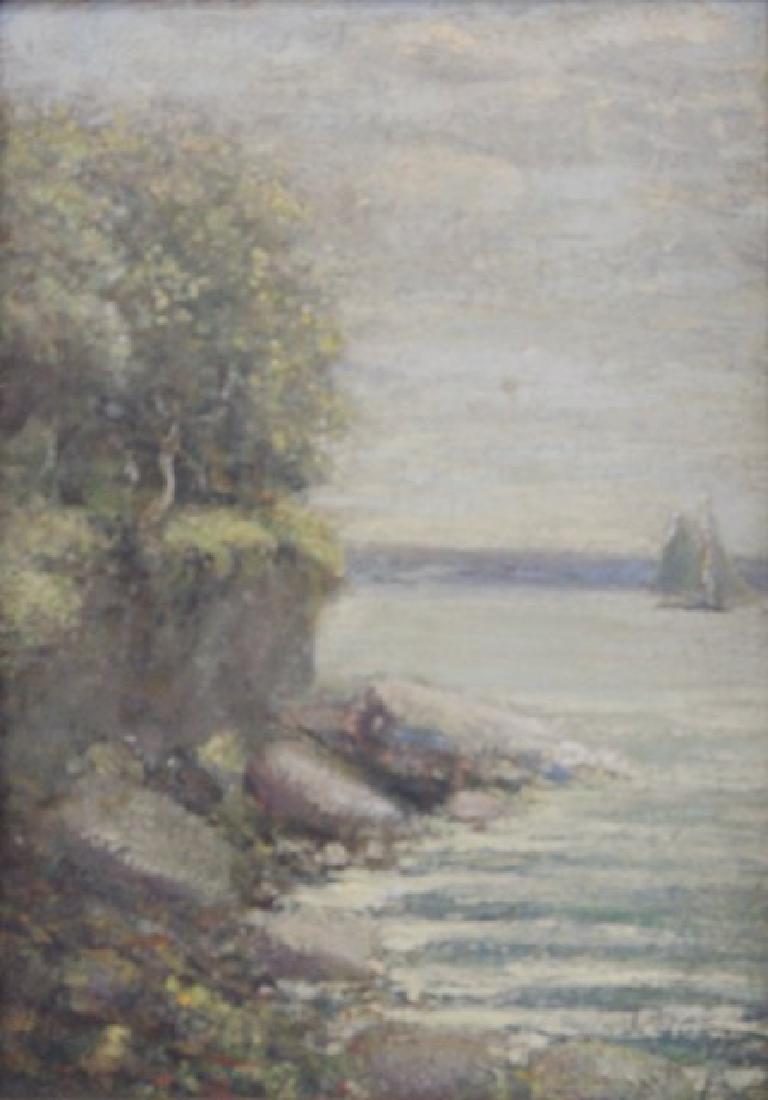 Coastal Landscape with Sailboat: Oil on canvas. Possibly signed illegibly lower left. Approx. 14" x 10" unframed, 17" x 13" framed.