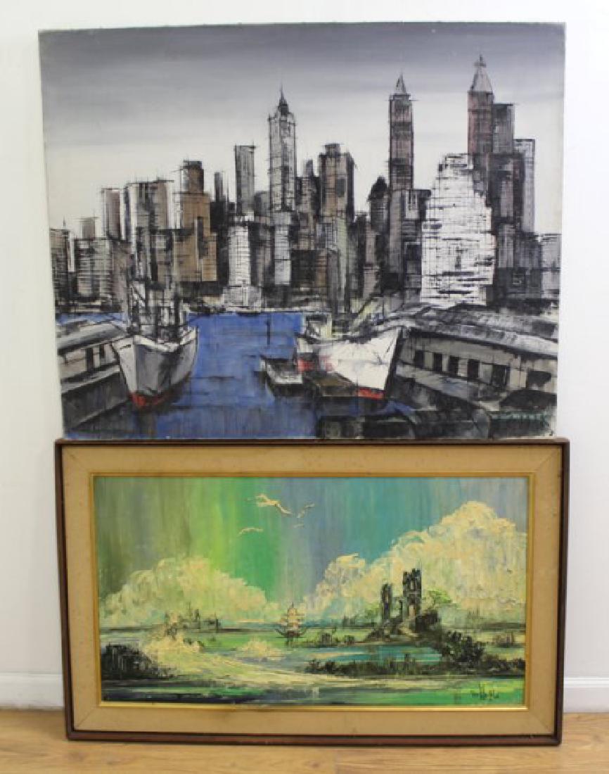 2 Oil Paintings: One oil on board, "Castle by the Sea," signed lower right, Van Hoople, approx. 20" x 36" unframed, 25" x 41" framed. One oil on canvas, New York City Skyline, signed possibly Fetick? lower right, appr