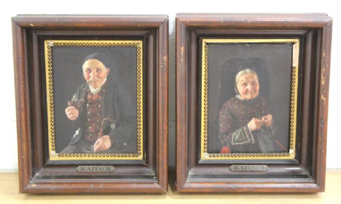 Richard Nitsch, Pair of Portraits: Oil on cradleboard. Signed upper left and upper right. Richard Nitsch, German (1866-1945). Approx. 7" x 5 1/2" unframed, 10 1/2" x 9" framed. From a Park Ave. estate.