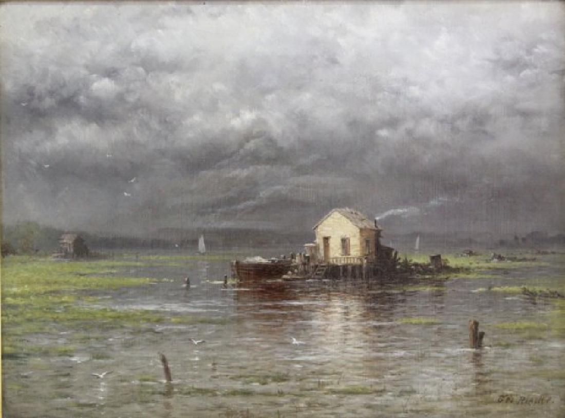 George Riecke, Coastal Landscape: Oil on canvas. Signed lower right. Approx. 11 1/2" H x 15 1/2" W sight, 20 3/4" H x 24 1/2" W frame. (6206) Losses to frame.