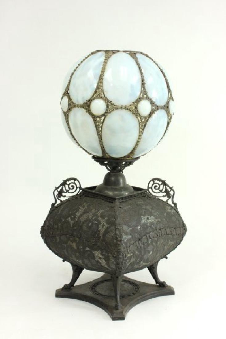Victorian Brass & Opaline Glass Lamp: Circa 1860. Approx. 23 1/2" H. (XX59, 90786BR) 2 panels cracked.