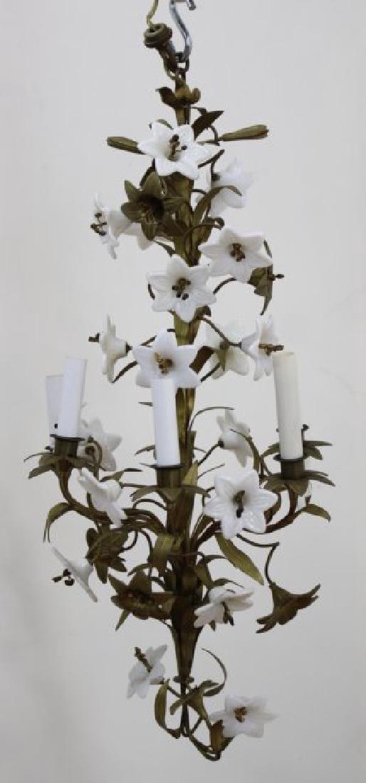 Louis XV Style Foliate Milk Glass Chandelier: 5-light. Approx. 28 1/2" H x 13" diameter. (071096)